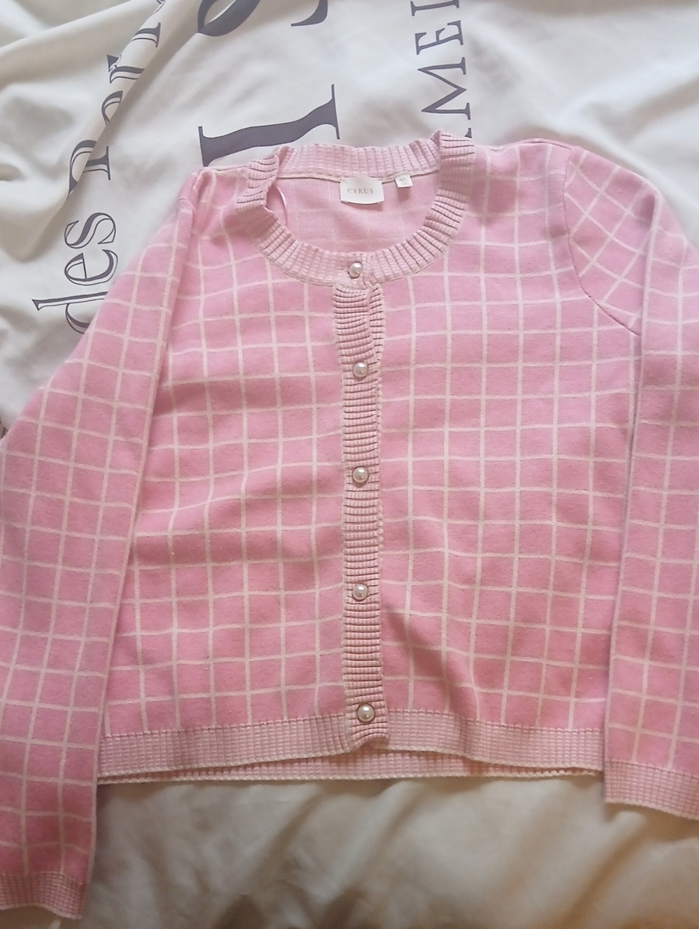 Cyrus Chic Pink Windowpane Pearl-Button Cardigan Sweater XL